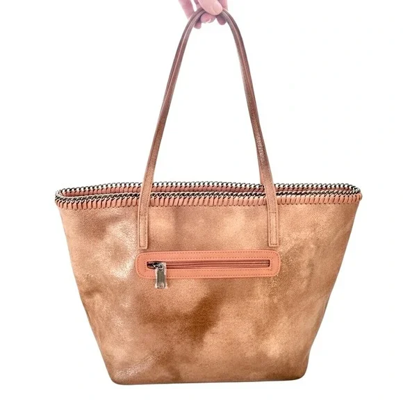 Chico's Marbled Faux Leather Large Tote Bag Blush Tan Brown Metal Chain Trim NEW - Picture 3 of 15